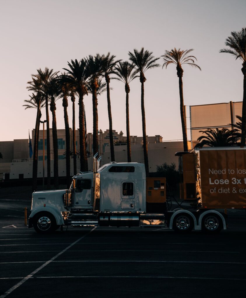 Semi truck parked under palm trees at sunset