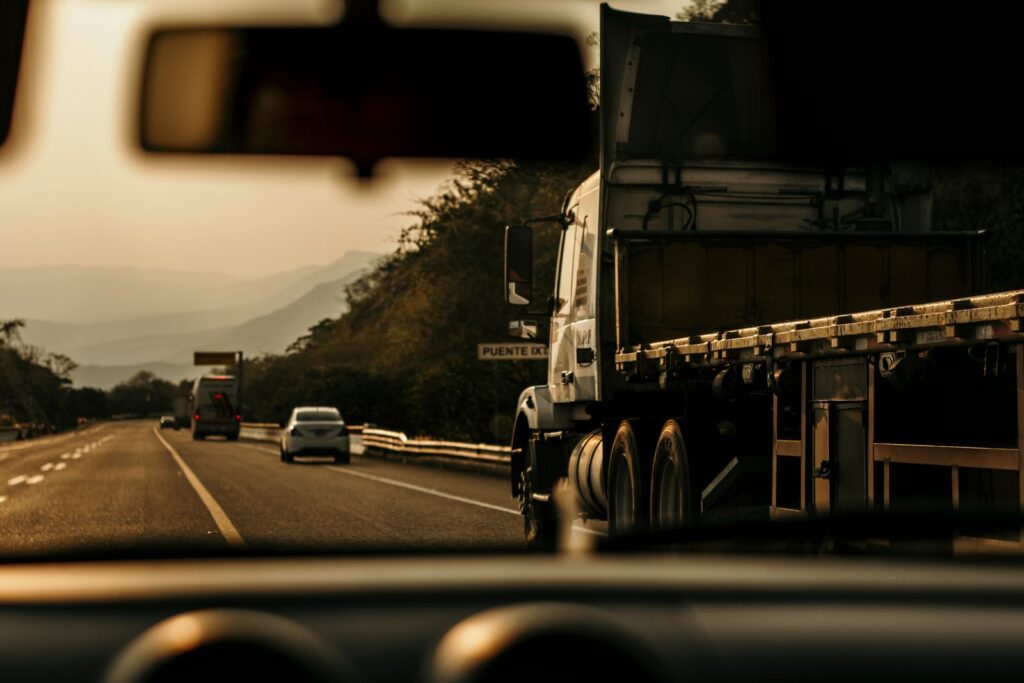 View of the highway from a truck cab