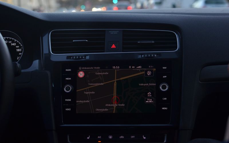 In dash GPS navigation screen showing a route map